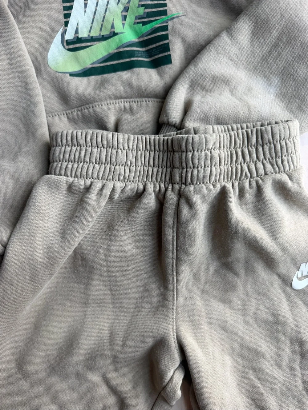 Nike Beige Hoodie and Joggers with Green Logo Accent